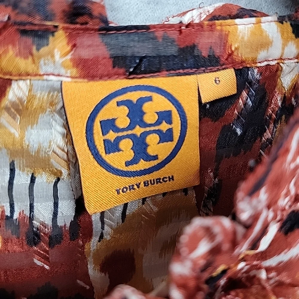 Tory Burch Silk Ikat Boho Blouse Size 6 Ruffle Peasant Flared Sleeve Layered Top
